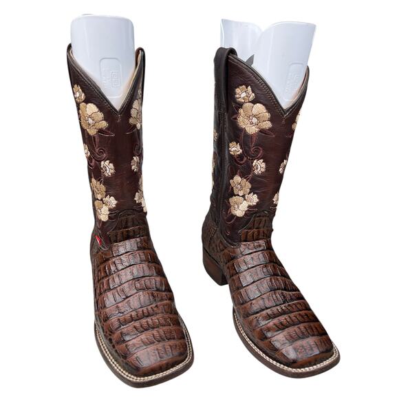 Big Bull Brown Crocadile Embroidered Floral Cowgirl Boots Size 25.5 US 8.5 - Picture 5 of 11